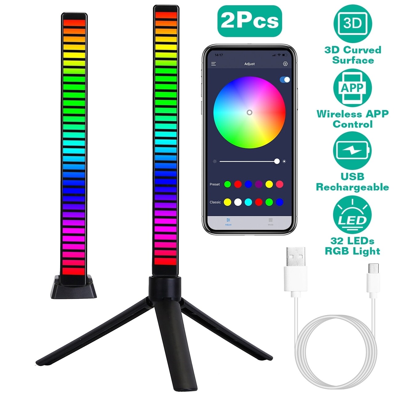 Rgb Sound Control Music Sync Light Bar 32Led Usb Rechargeable App Controlled Black